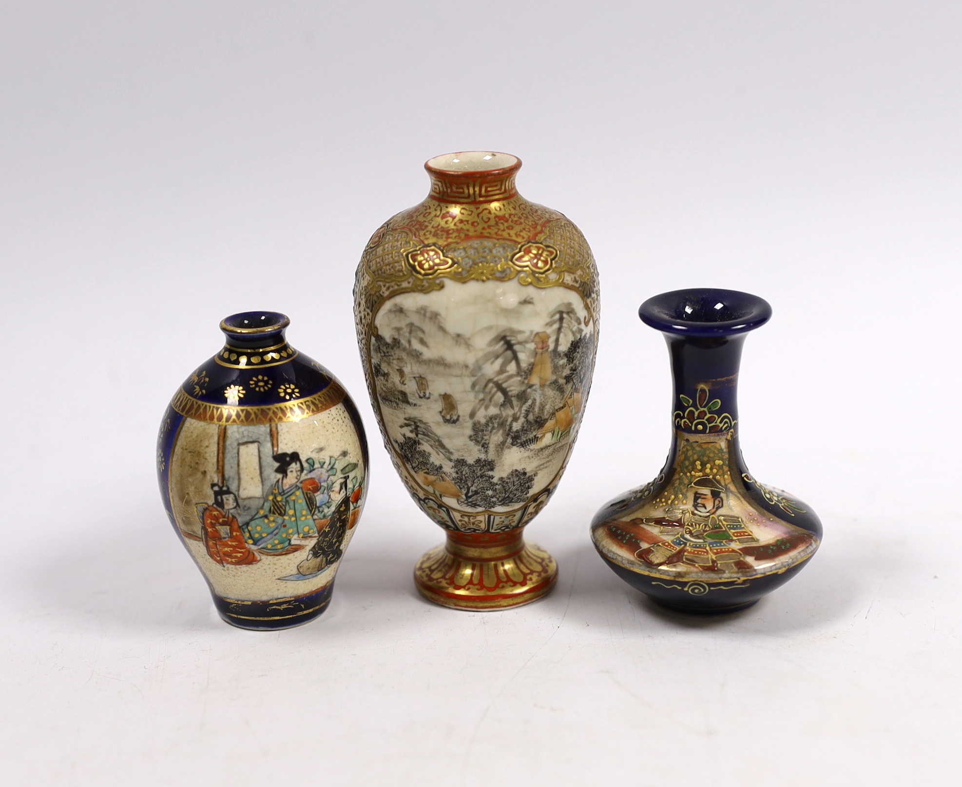 A Japanese miniature Kutani vase and two Satsuma examples, largest 9cm high